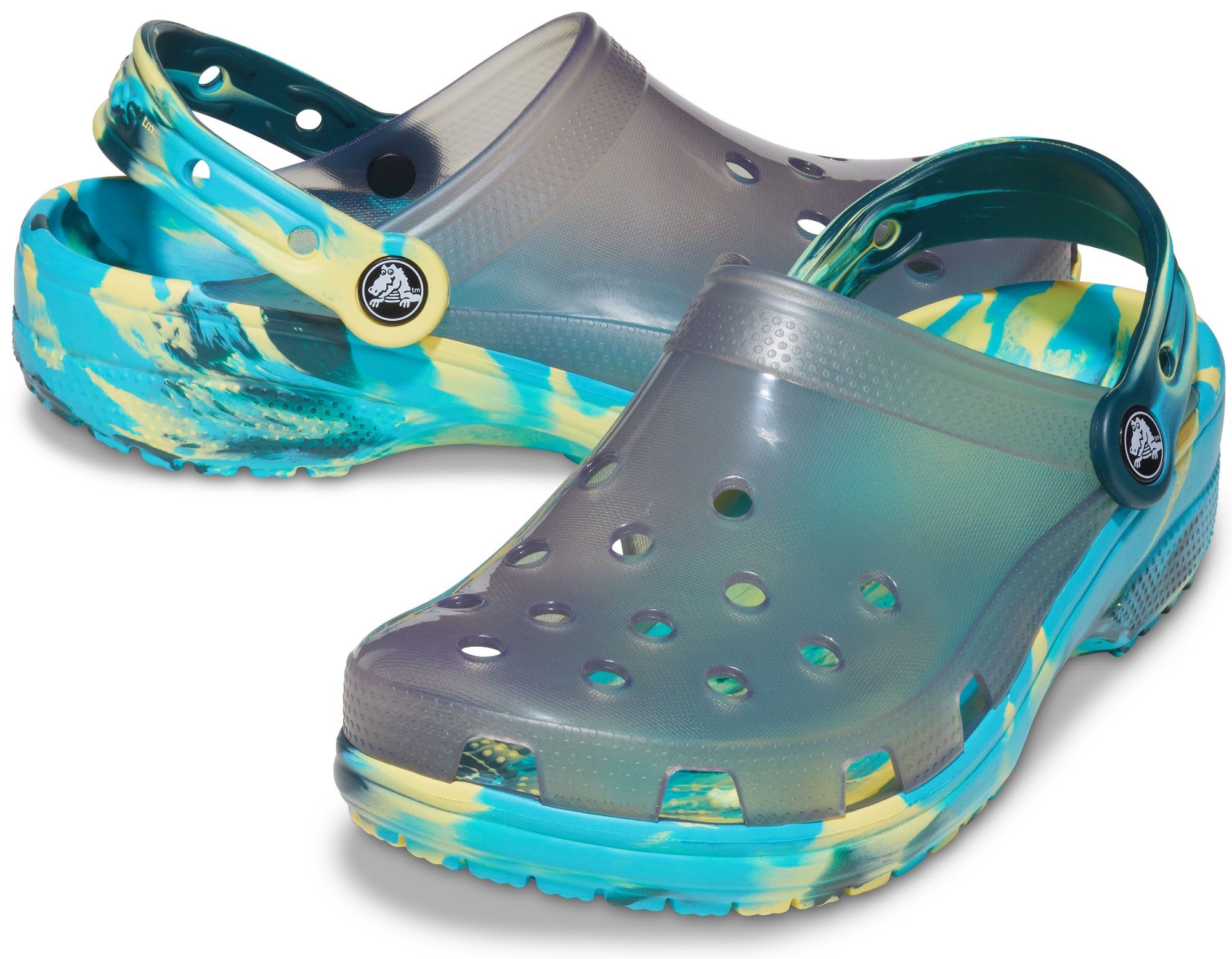 blue translucent crocs